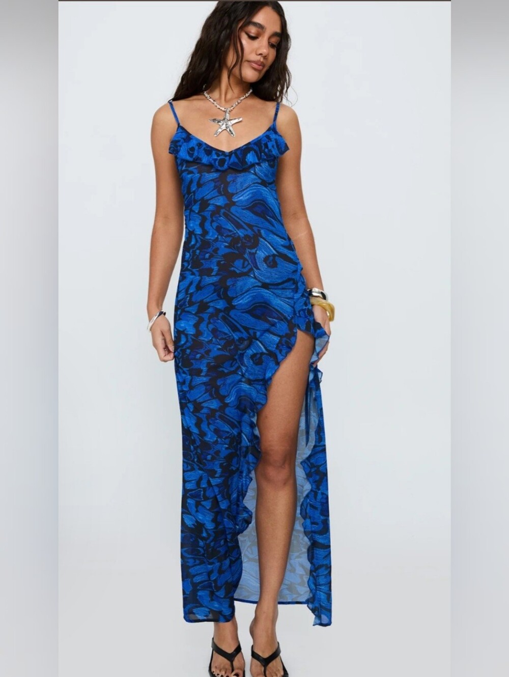 Princess Polly Blue Patterned Ruffle-Detail Maxi Dress